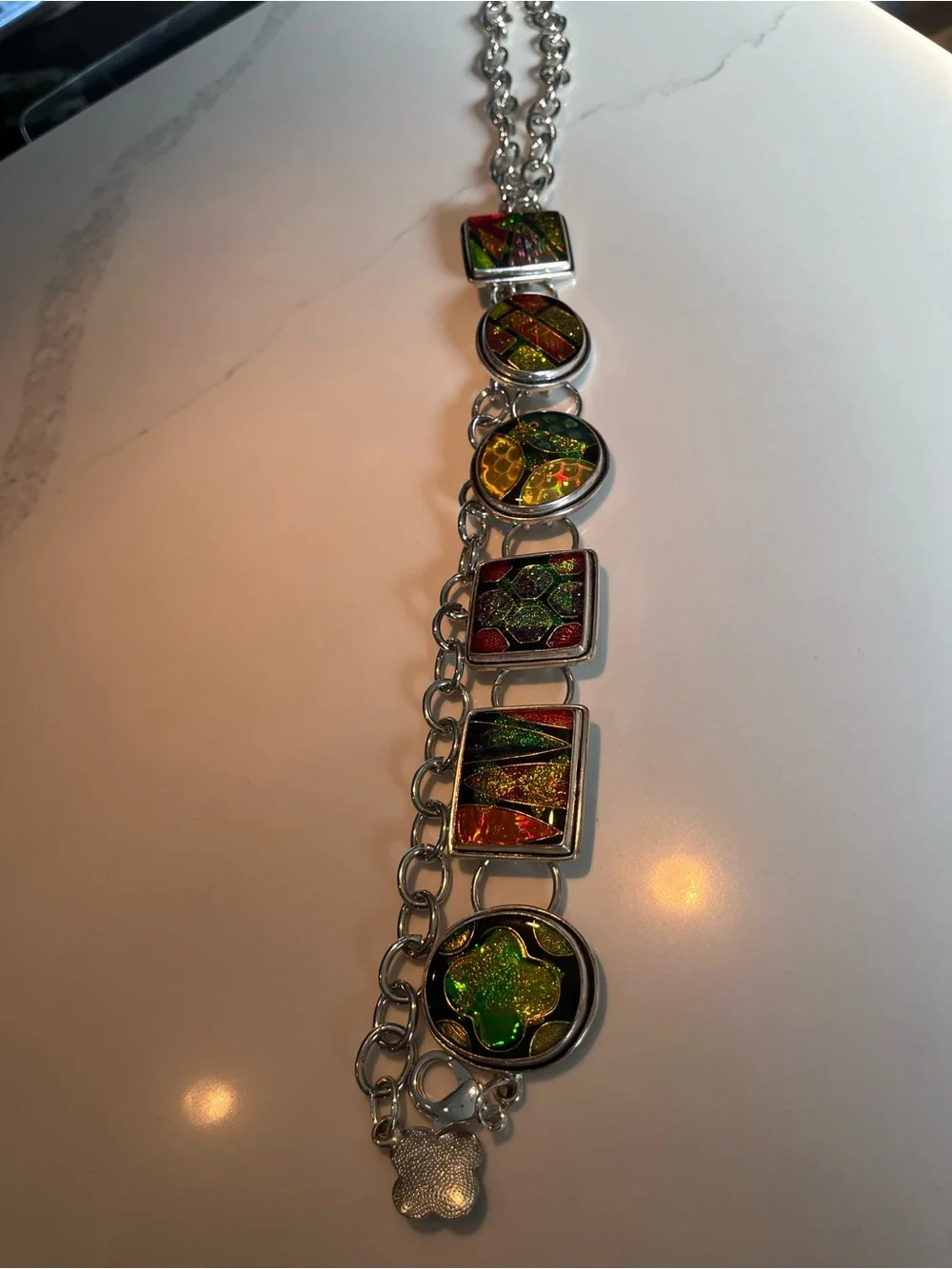Vintage chicos dichroic art glass chain belt.  Silver tone chain.